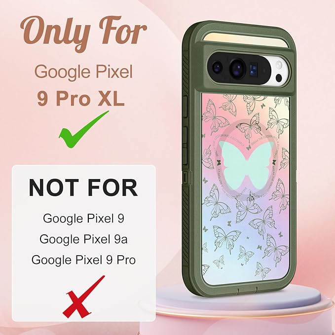 for Google Pixel 9 Pro XL Case - Compatible with MagSafe Women Cute Girls Magnetic Protective Cover Girly Blue Butterfly Design Heavy Duty Shockproof Phone Case for Pixel 9 Pro XL 6.8"