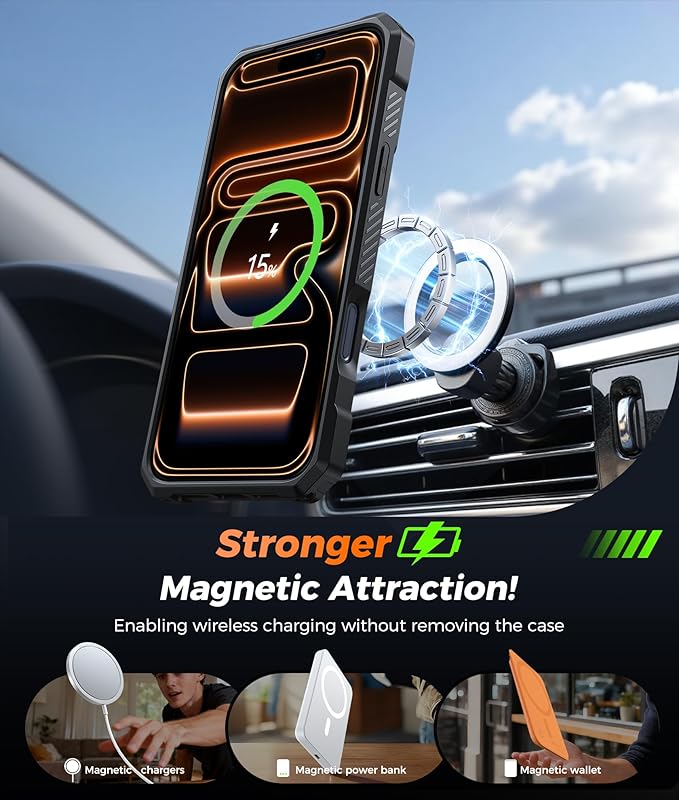 FNTCASE for iPhone 17 Pro-Max Case: [360 Spin Magnetic Ring Kickstand] [Compatible for MagSafe] [Screen Protector] Heavy Duty Military Grade Protection Protective Phone Case with Stand Black