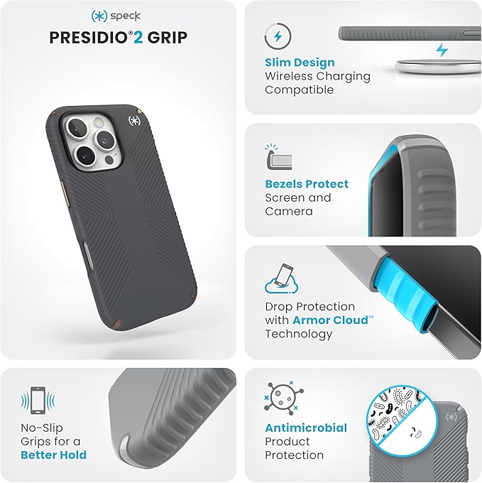 Speck iPhone 16 Pro Case - Slim Phone Case iPhone 16 Pro - iPhone 16 Pro Phone Case - Presidio 2 Grip - Charcoal Grey/Bronze