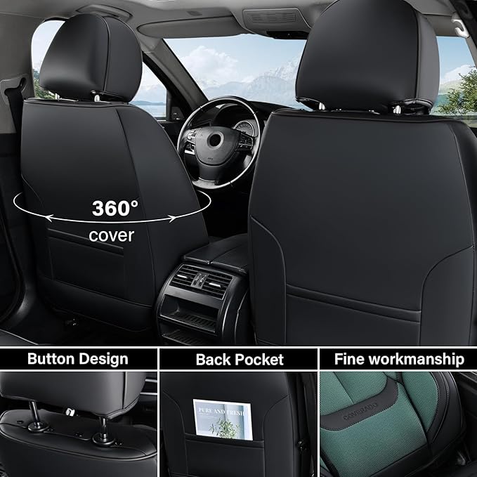 Coverado Seat Covers Full Set, Car Seat Covers Front Seat and Back Seat, Breathable Fabric&Leather Car Seat Protectors, Universal Seat Covers for Cars, Compatible with Most Cars (Green, FullSet)