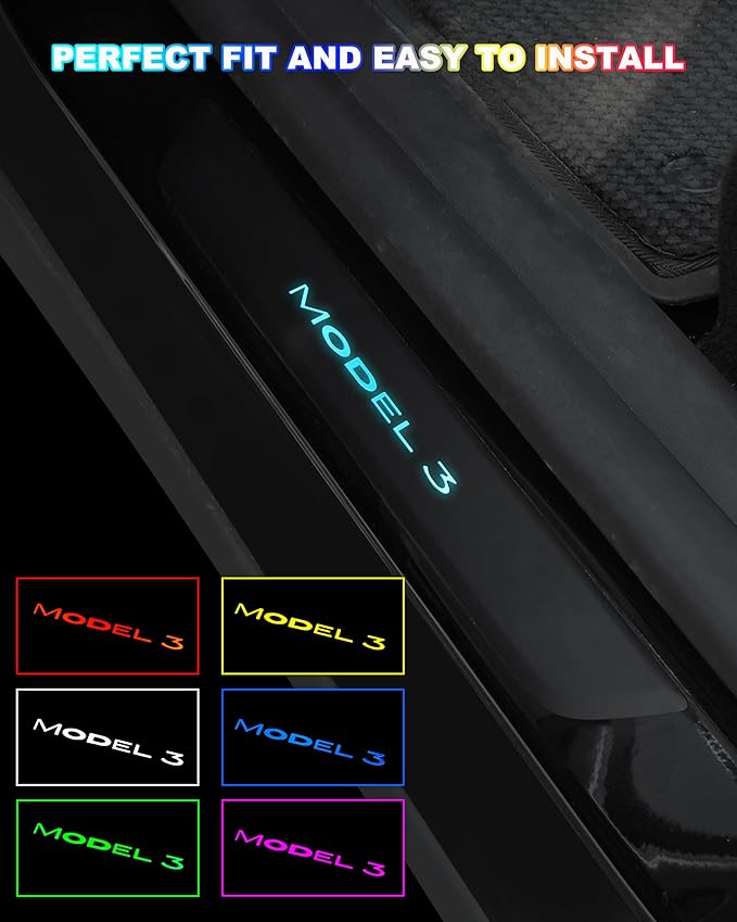 LED Door Sill Lights for Tesla Model 3 2017-2025 Accessories, ABS Scratch-Resistant Sill Protector with 7-Color RGB Lighting, Battery Powered Model 3 Pedal Mood Lamp, Matte Black, 4PCS