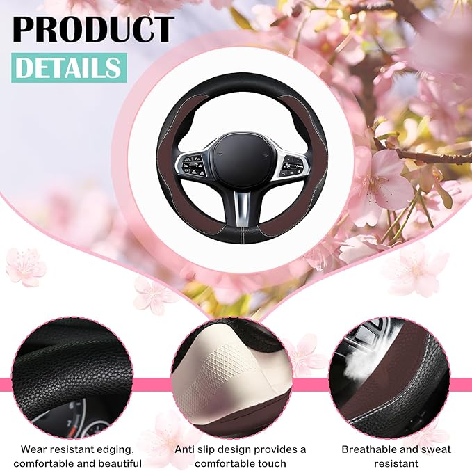 SuperKaKa Brown Car Steering Wheel Cover 2025, Universal Auto PU Cute Breathable Slip-Proof Comfort Imitation Leather Protector Cars Interior Accessories for Women Men Fit Most Vehicle