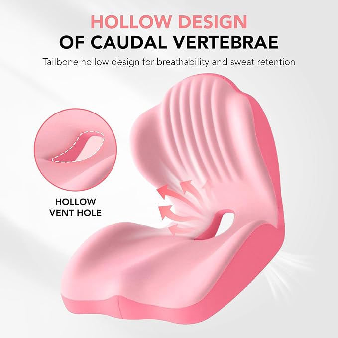 Ergonomic Lumbar & Seat Support Cushion, 2-in-1 Memory Foam Cushion with Coccyx Hollow Design for Office Chair, Car Seat, Home Use - Relieves Back & Hip Pain (Pink)