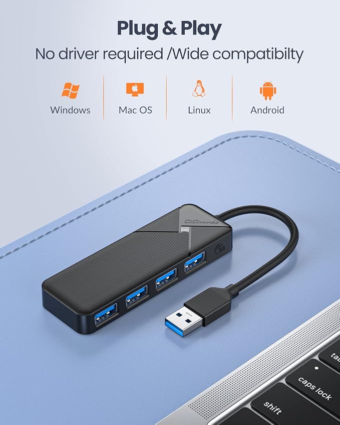 GiGimundo 4-Port USB Hub for Laptop, USB Hub Multiport Adapter 5Gbps Transfer, USB Splitter for Laptop, MacBook Pro/Air, iPad Pro, Dell, Chromebook, Keyboard, Mouse, HDD, Black