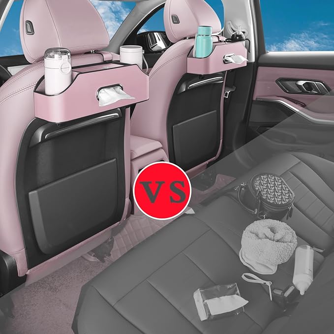 HOLDCY Car Back Seat Organizer with 2 Drink Cup Holder - Tissue Box and Storage Box Hook - Multi-functional Storage - Great for Kids and Travel (Pink)