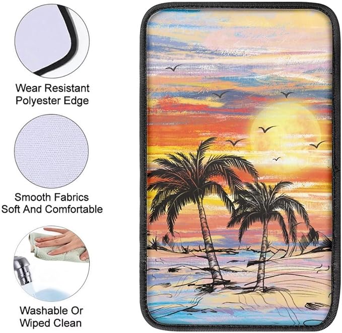 Beach Palam Tree Car Center Console Cover Washable Car Accessories Cars Armrest Box Pad for Comfortable Support, Universal Armrest Cover for Vehicles Truck SUV