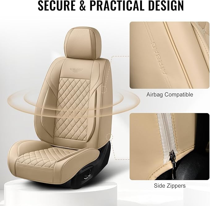 Auto Car Seat Covers Full Set Leather Cushion Protector Breathable Waterproof Seat Cover for Cars Universal Fit (Beige, Full Set Without Headrest)