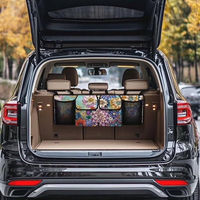 Boho Mandala Floral Blossom Car Trunk Organizer with 3 Adjustable Buckles Hanging Cargo Bag with 4 Storage Bags,Sturdy Space Saving Expert,Gift for Women