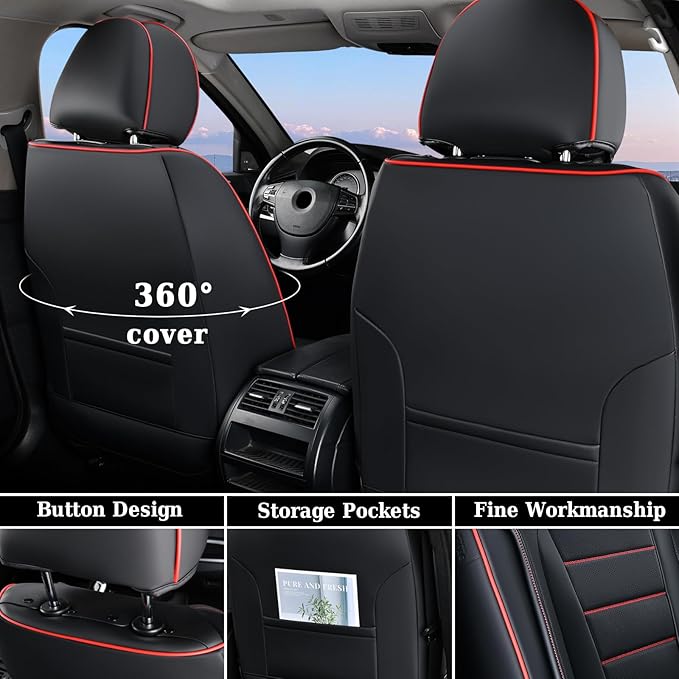 Coverado Seat Covers Full Set, Seat Covers for Cars, Car Seat Cover, Car Seat Protector, Nappa Leather Car Seat Cushion, Waterproof Car Seat Covers Front Seats and Back Fit for Most Cars (Redline)