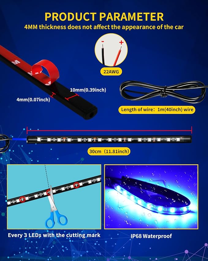 Car Led Light Strip,Blue Interior Lights for Trucks 30CM 15 SMD IP67 Waterproof Car Underglow Lights for Car Motorcycles Boat Golf Cart Home Decoration with 3M Tape(6PCS)