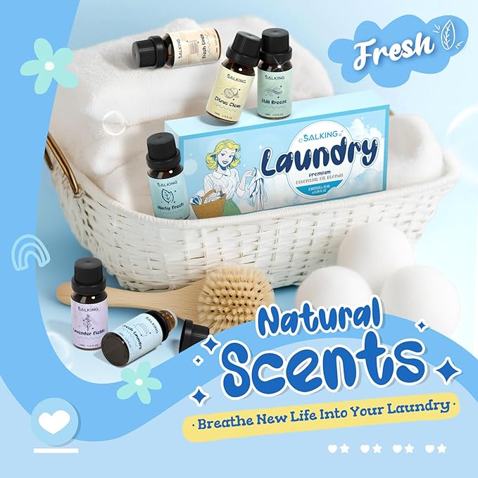 SALKING Laundry Fragrance Oils, Premium Essential Oil for Diffuser, Scented Oil Gift Set for Soap Candle Making - Citrus Clean, Fresh Laundry, Fresh Linen, Lavender Fields, Still Breeze, Minty Fresh