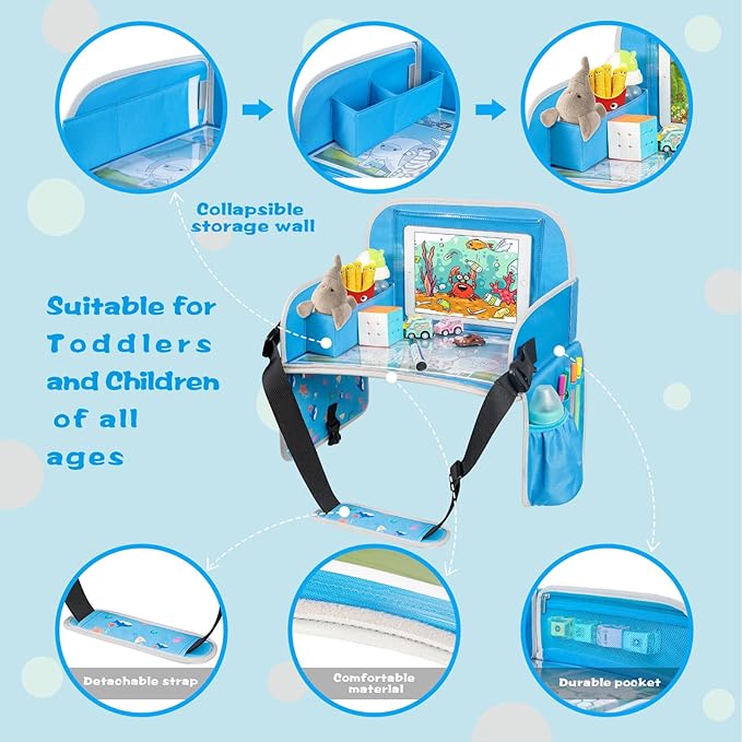 MENZOKE Kids Travel Tray, Car Seat Tray for Kids Travel, Toddler Essentials Girls with Tablet Holder, Road Trip Essentials with Cooler Cup Holder, Dry Erase Board & Storage Pocket for Airplane, Blue