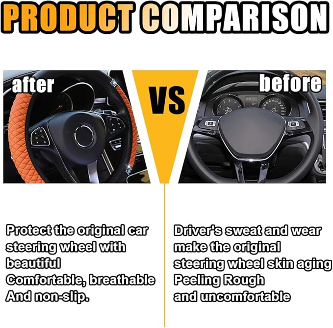 Bling Soft Leather Steering Wheel Cover, 15 Inch Colorful Rhinestones Auto Elastic Protector with Crystal Diamond for Women Girls, Car Accessories for Most Cars, SUVs (Orange)