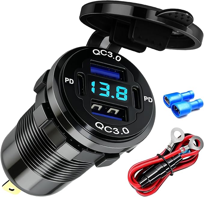 DC 12V Die Cut Mount USB Charger Aluminum Charger 4 USB Ports Dual PD and Dual QC Ports with Voltage Display Meter for Car, RV, Boat, Motorcycle and Panel Mount
