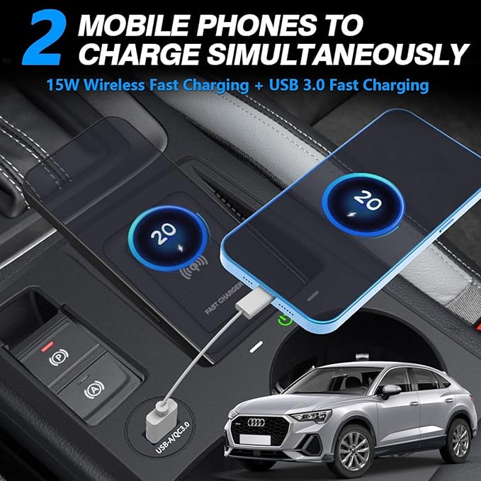 Wireless Car Charger for Audi Q3 2019-2022/Q3 Sportback 2020-2022/RS Q3 Sportback 2020-2022, 15W Qi Fast Charging Phone Charger Pad with QC3.0 USB Port for iPhone 12/13/13Pro Galaxy S22/S21