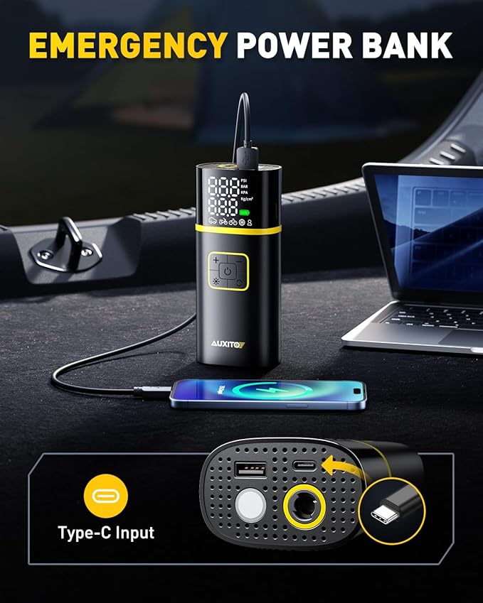 AUXITO AS1 Tire Inflator Portable Air Compressor - 150PSI Bike Pump 1Min Fast Inflate with Tire Pressure Gauge, 5200 mAh, LED Light, Car Accessories Air Pump for Auto, Moto, Bike Car Gifts for Men