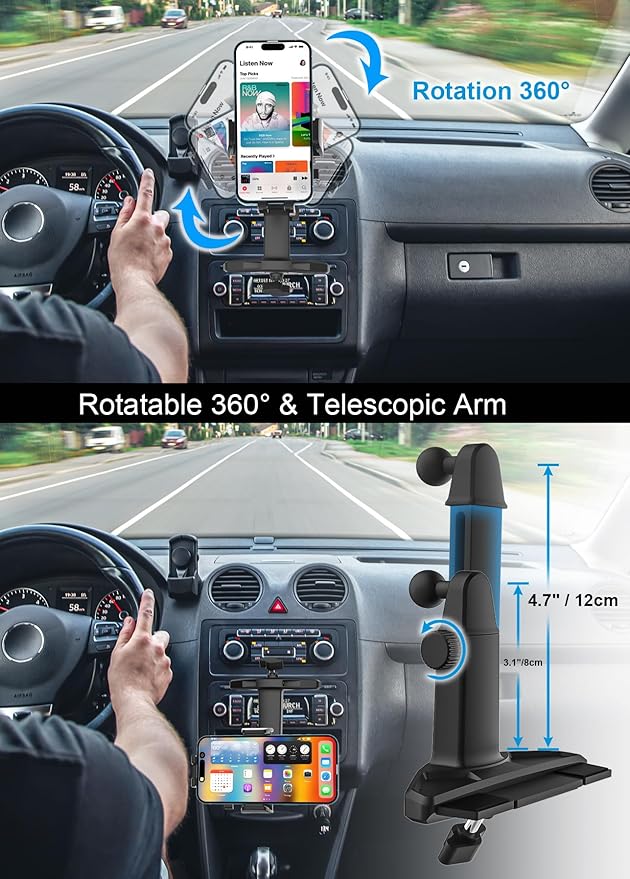 CD Slot Phone Holder for Car [Height Adjustable] Car Phone Holder CD Player Mount with One Button Release Clamp for iPhone 15 Pro Max Plus 14 13, Galaxy S23, Fire, All 4-7" Mobile Phones