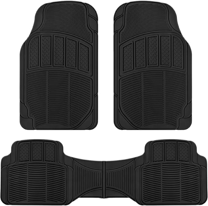 BDK 3-Piece ProLiner Heavy Duty Front & Rear Rubber Floor Mats, Universal Fit Liners for Cars SUVs Trucks Vans, All Weather Protection with Anti-Slip Nibs, Flexible Contours Fits Most Vehicles - Black