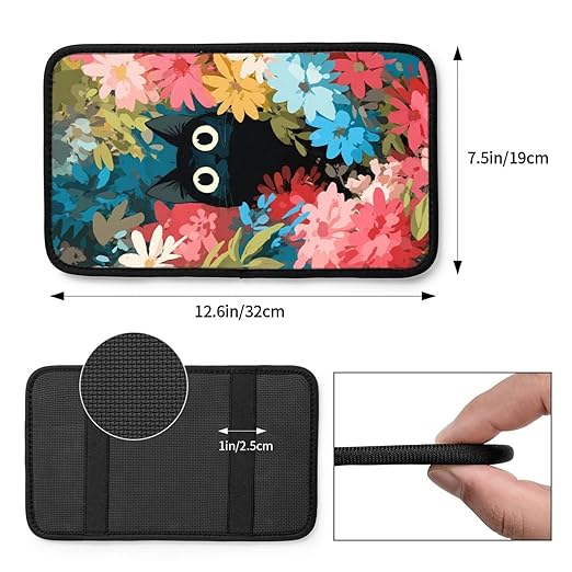 Black Cat Big Eyes Colorful Flowers Car Auto Armrest Cushion Cover Accessories Center Console Seat Box Pad Protector Universal Decoration for Most Vehicle SUV Truck