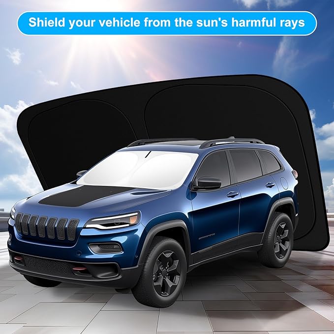 Car Windshield Sun Shade for 2014-2025 2026 Jeep Cherokee Sun Shade for Trailhawk Overland Limited Latitude Altitude Accessories Front Window Sunshade Sun Visor Windshield Cover UV Block