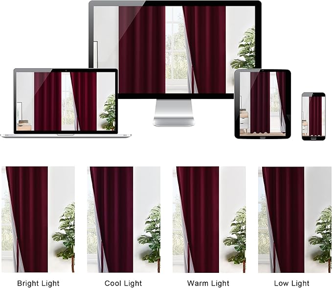 XWZO Full Shading Blackout Curtains 54 Inches Length - Heat and Light Blocking Ring Top Window Drapes with Black Liner Backing for Bedroom Sewn with Tiebacks, Burgundy, W38 x L54, Set of 2 Panels