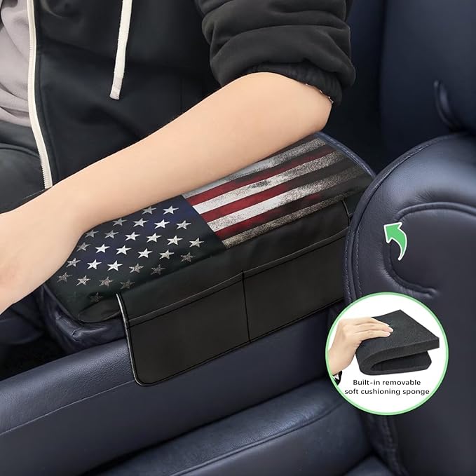 Tupalatus American Flag Car Console Cover Water-Resistant Auto Armrest Cover Protector with Storage Bags Comfort Padded Arm Rest Covers Compatible with Most Cars,SUV,Truck,Van