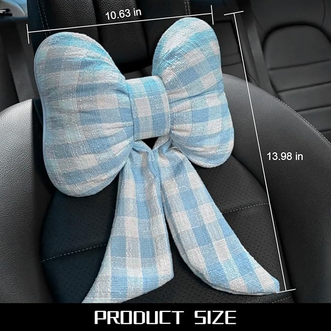 Bow Car Headrest Pillow, Breathable Memory Foam Vehicle Neck Pillow with Adjustable Strap, Ergonomic Auto Neck Support Cushion for Pain Pressure Relief, Universal for Most Cars (Blue/Grid)