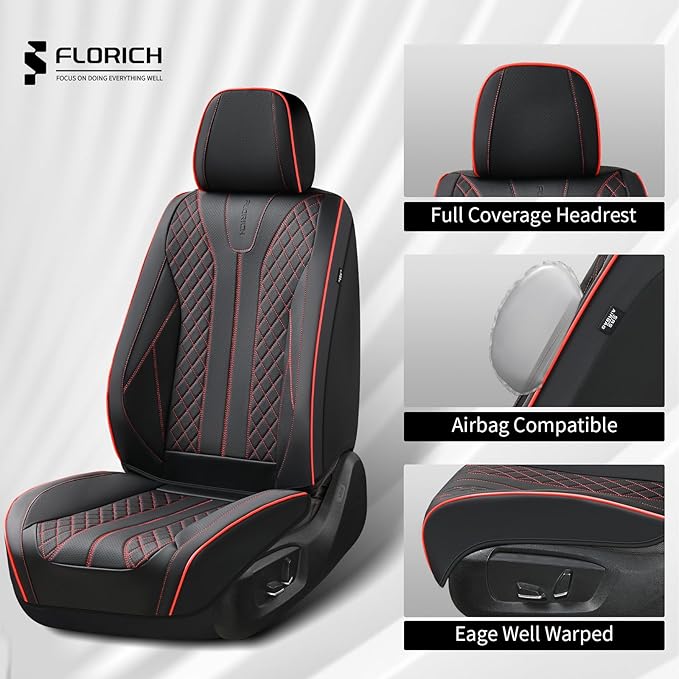 FLORICH Leather Seat Covers Car Seat Cover Front and Rear Seat Cover 5 Seats Automotive Seat Covers Waterproof Seat Covers for Cars Universal Fit for Most Cars SUV Trucks, Black&Red Line
