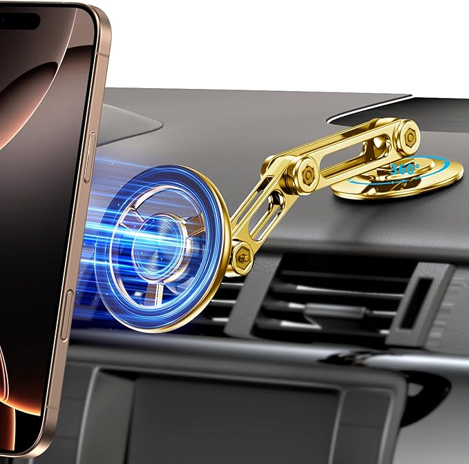 Ultra Magnetic Long-Arm Phone Holder Stand, Fits for MagSafe Car Mount Bracket【Windshield+Vent+Dash】, 360° Rotation Adjustable Strong Magnets Car Mount Desk Office Phone Cradle Holder, Gold