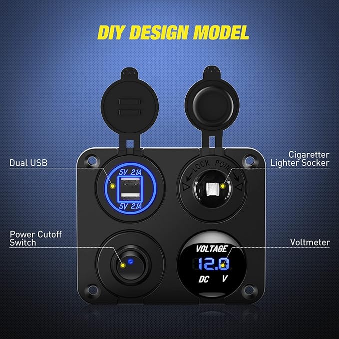 Nilight 4 in 1 ON OFF Charger Socket Panel Dual USB Charger Power Outlet LED Voltmeter Cigarette Lighter Socket LED On Off Rocker Toggle Switch for Truck Car Marine Boats RV, 2 Yeas Warranty
