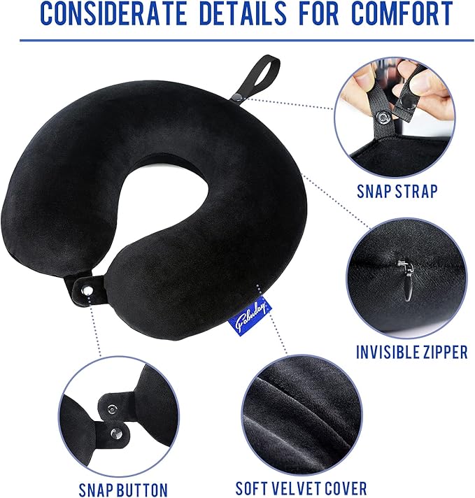 Fabuday Memory Foam Travel Pillows for Airplanes - Neck Pillow for Traveling with Attachable Snap Strap Soft Washable Cover, Flight Pillow for Sleeping, Car, Home, Office, Black