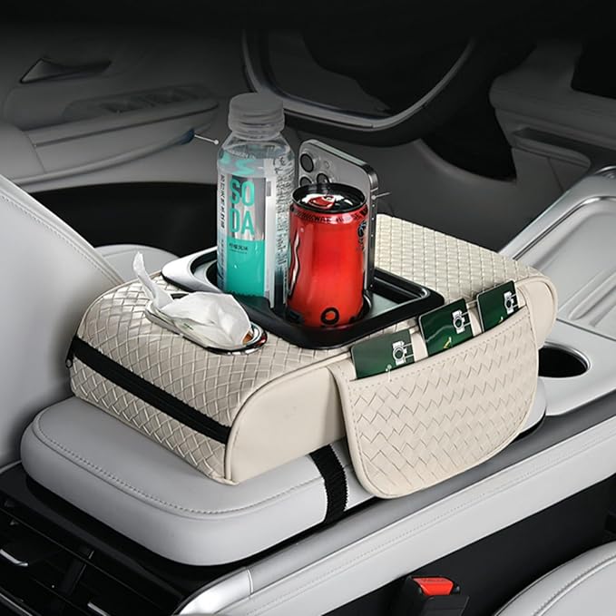 Car Armrest Cushion Cover Car Center Console Memory Foam Booster Pad with Storage Pocket and Tissue Hole for Sedan Vehicle (Cupholder - Grey, 13.39 * 7.68 * 2.95'' / 34 * 19.5 * 7.5cm)