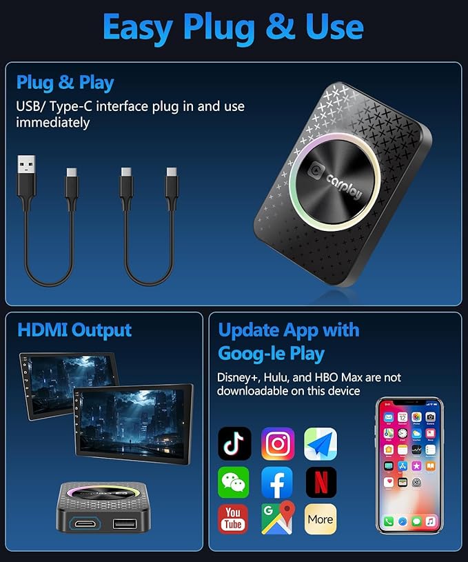 2026 CarPlay Wireless Adapter, Android Auto AI Box, Turn Car Screen into TV (Stream Netflix/YouTube), Plug & Play Magic Video Dongle, Support TF Card, Bluetooth 5.1 + WiFi Connectivity