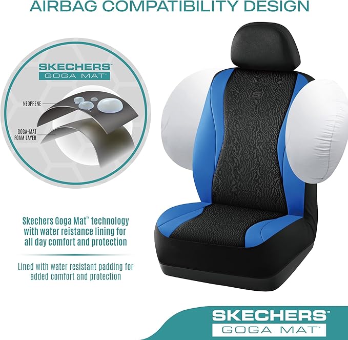 Skechers Car Seat Covers,Leather Seat Covers with GOGA Mat Technology,Waterproof Car Seat Covers Front Seats,Airbag Compatible,Comfort Universal Fit for Most Cars,Vans,Trucks,SUVs,Blue