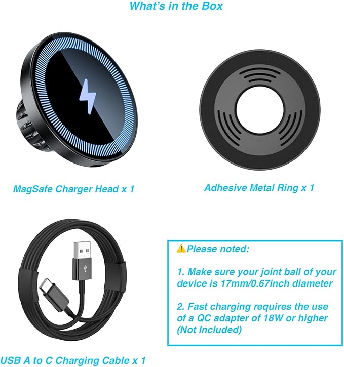 Magnetic Wireless Charging Phone Holder with 17mm Ball Socket for MagSafe, Magnetic Ball Mount Adapter Fits 17mm/0.67inch Ball Joint Car Phone Holder for iPhone 17/16/15/14/13/12 Series