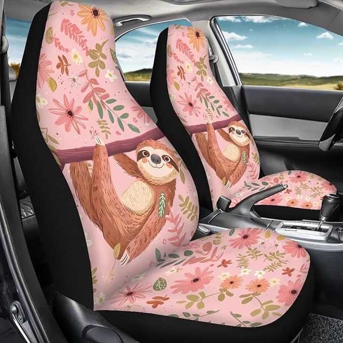 Cute Sloth Car Seat Cover Set of 2, Music Note Design Auto Accessories for Men Women, Soft Automotive Protective Interior Universal