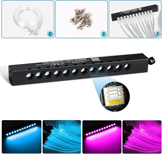 Split Car Starlight Headliner Kit, 4 Colors 12W Meteor Fiber Optic Starlight Kit, 1200pcs*0.02in*9.8ft+240 RGBW Sound Activate Shooting Star Lights for Ceiling Car Roof/Home Decor