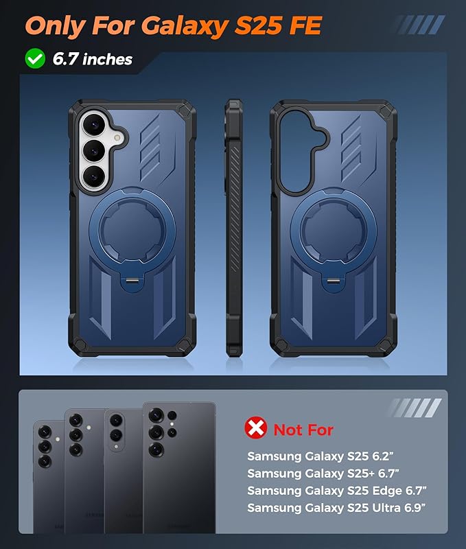 FNTCASE for Samsung Galaxy S25-FE Case: with [Magnetic Ring Kickstand] [Screen Protector] [Compatible with MagSafe] [Military-Grade Drop Protection] Heavy Duty Full Body Protective Phone Cover Blue