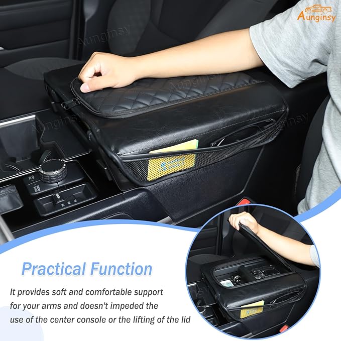 Car Center Console Armrest Cover Compatible with Toyota Tundra 2022+ Sequoia 2023+, Leather Middle Console Cushion Lid Pad Anti-Scratch Armrest Seat Box Protector Cover With Pocket/Zipper Accessories