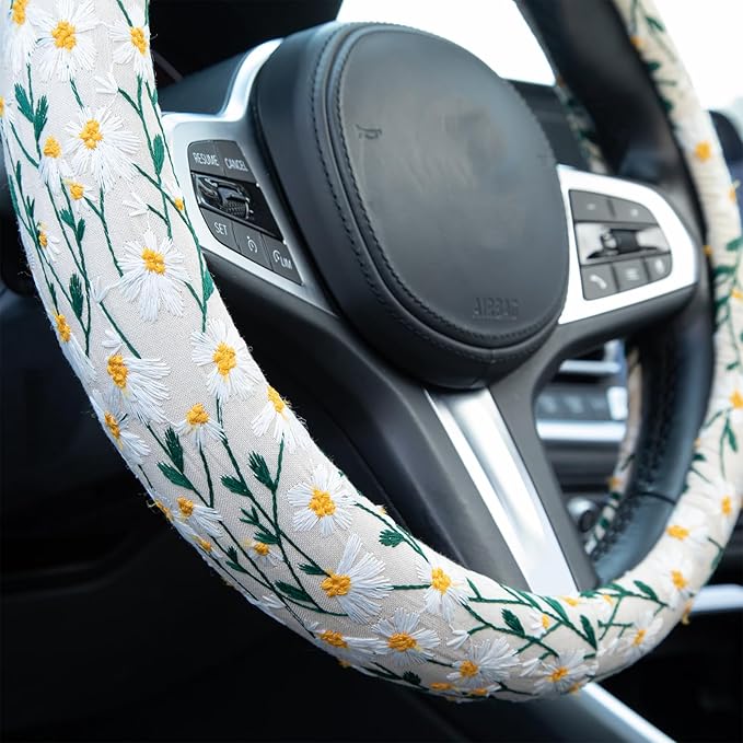 Embroidered Flowers White Cute Daisy Steering Wheel Cover Auto Anti-Slip Breathable Rubber Steering Wheel Protector,Floral Car Accessories for Women,Universal Size Fit Most Cars -15 inch
