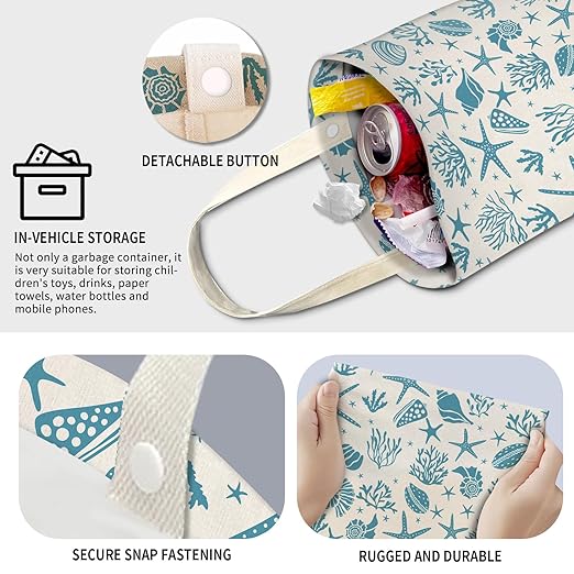 Cute Car Trash Can, Hanging Canvas Car Back Seat Organizer and Storage Bag, Funny Car Trash Bag For Travelling, Outdoor Cute Blue Sea Shell
