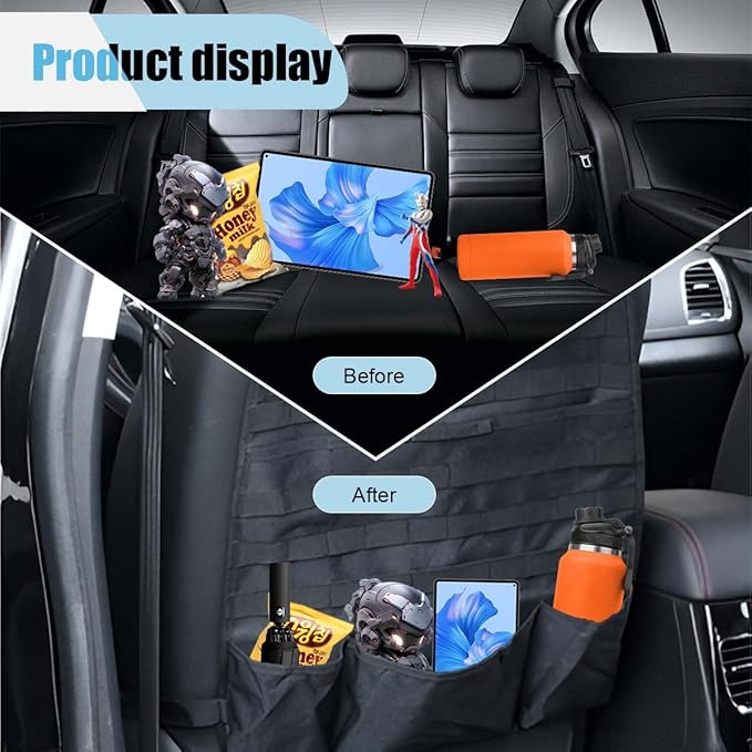 Car Seat Back Organizer, Car Seat Cover Protector, Backseat Hanging Car Seat Storage Bag, Tactical Backseat Organizer Panel, Multipurpose Car Travel Accessories for Most Vehicles (Black, 2PCS)