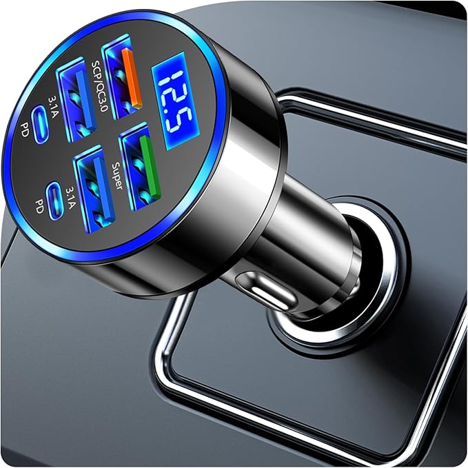 6 in 1 Cigarette Lighter USB Charger,PD+QC3.0 Car Charger USB C Fast Charge with Voltage Display,Multi Port Super Fast Cars Chargers Adapter Car Accessories for 12V/24V Vehicles
