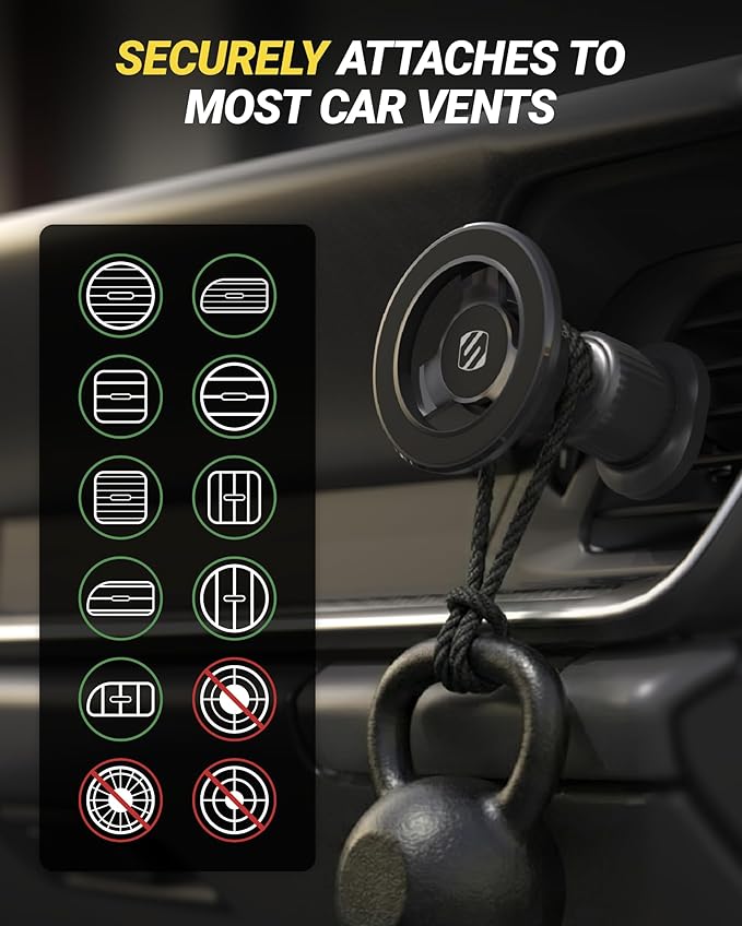 Scosche MagSafe Car Mount Vent, Magnetic Phone Holder for Car with Strong Magnets and Secure Twist-Lock Vent Clip, 360° Rotatable Car Phone Holder for iPhone 17 16 15 14 13 12, Includes Magnetic Ring
