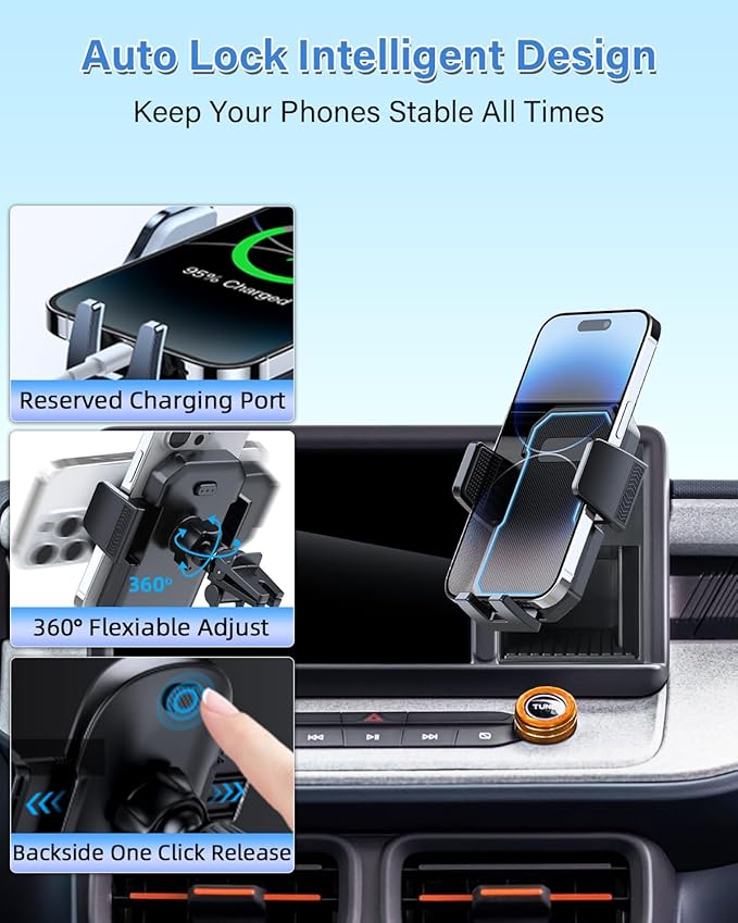 PZK Car Phone Holder for Ford Maverick 2022 2023 2024 Accessories Auto Lock Car Phone Mount with Cubby Insert Stroage Box Trunk Dash Mount Hands Free 360° Rotation