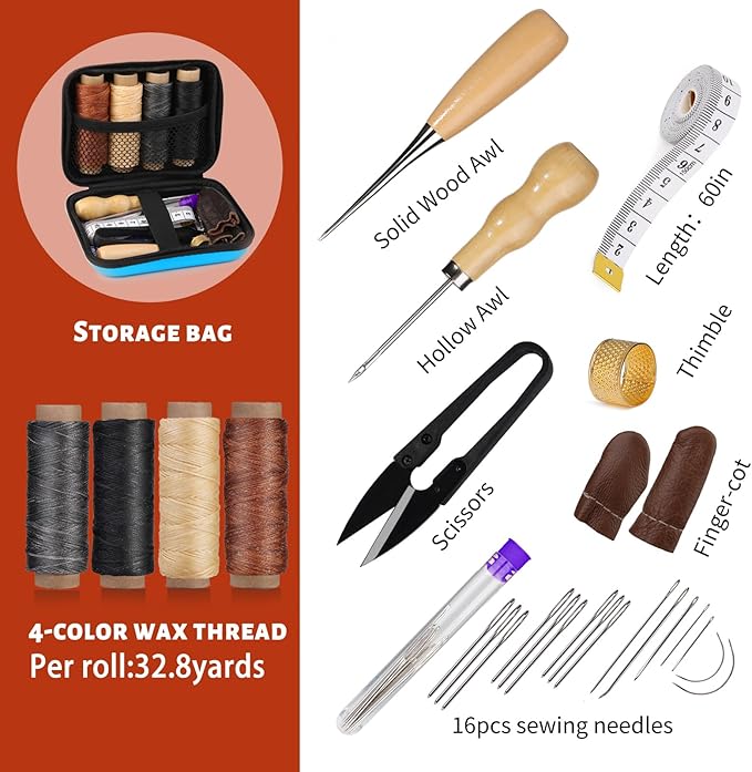 MORFEN Leather Sewing Kit, Leather Stitching Kit with Sewing Awl, Needles, Waxed Thread, Upholstery Repair Kit, Heavy Duty Sewing Tools for Hand Stitching Car Seats, Sofa, Carpets, Shoes, DIY Craft