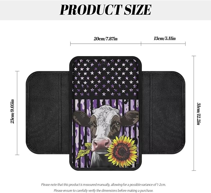 Cow Sunflower Flag Pattern Car Armrest Cover Soft Middle Console Cover Washable Automobile Center Console Pad Armrest Seat Box Cover Protector with Pockets Storage Bag