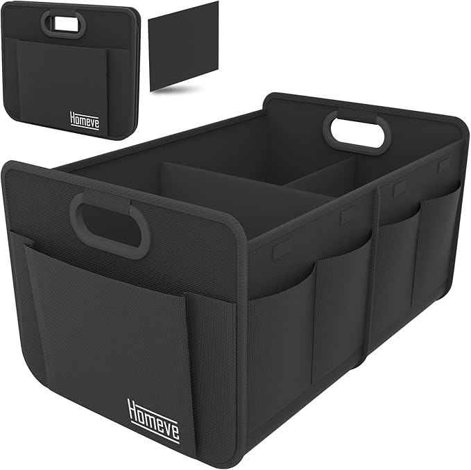 Homeve Trunk Organizer, Car Storage, Reinforced Handles, Collapsible Multi-Compartment, Foldable, Waterproof, Sturdy, 600D Oxford Polyester For Car, SUV, Mini-Van, Black, 2 Compart-Medium
