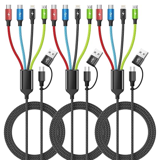 Travel Essentials 4 in 2 Multi Charging Cable [3Pack 5FT], Car Accessories Charging Cable, Chargers for Multiple Devices ith IP/Type C/Type C/Micro, Compatible with Most Phones/Tablets and More