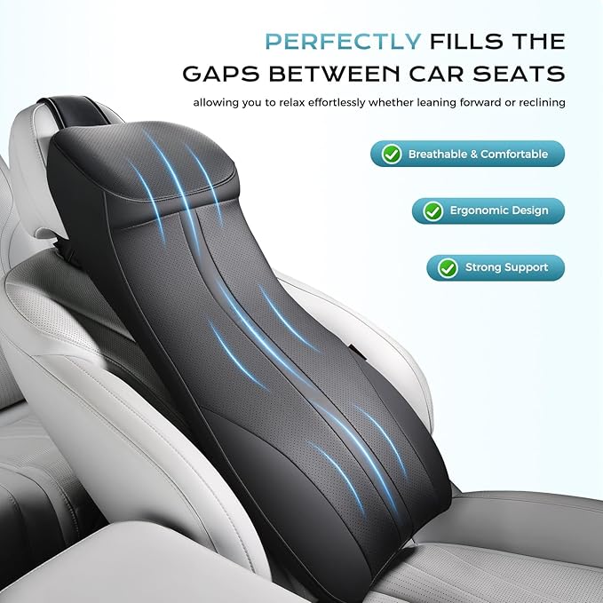 Coverado Lumbar Support and Headrest Pillow for Car, Integrated Design Ergonomic Memory Foam Head Neck Support Pillow for Driving Seat, Soft Leather Breathable Back Support, Back Pain Relief, Black